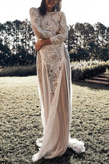 Elegant Long Sleeves Crew Neck Lace Wedding Dress From 27dress