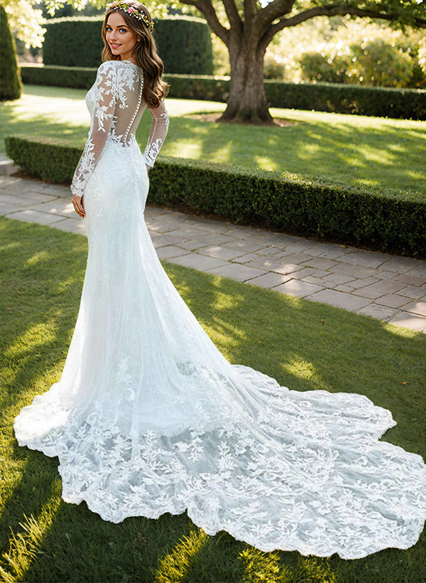 Elegant Long Sleeves Mermaid V-neck Lace Tulle Wedding Dresses-27dress
