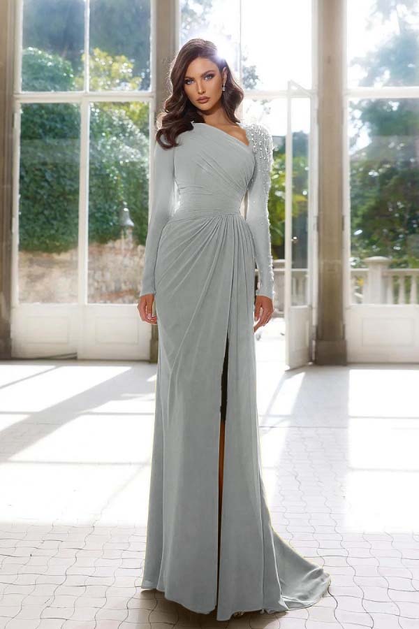 Elegant Long Sleeves Yellow Prom Dress Asymmetric Pleated Split