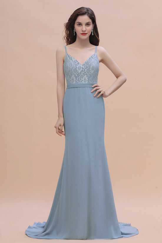 Load image into Gallery viewer, Elegant Mermaid Chiffon Lace Dusty Blue Bridesmaid Dress with Spaghetti Straps On Sale-27dress
