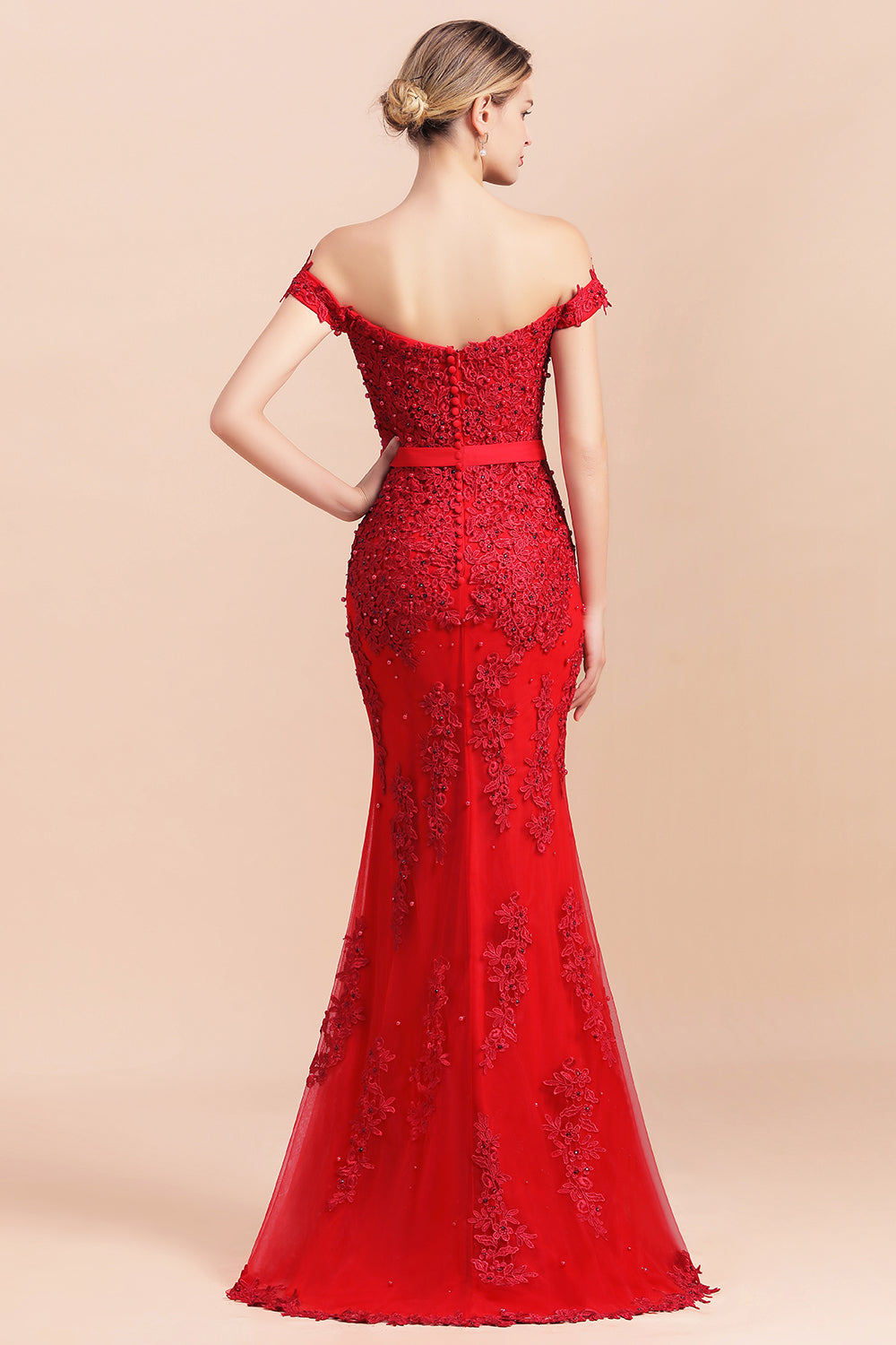 Elegant Mermaid Off the Shoulder Red Lace Appliques Bridesmaid dresses-27dress