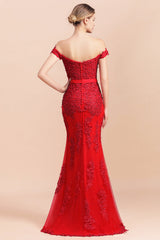 Elegant Mermaid Off the Shoulder Red Lace Appliques Bridesmaid dresses-27dress
