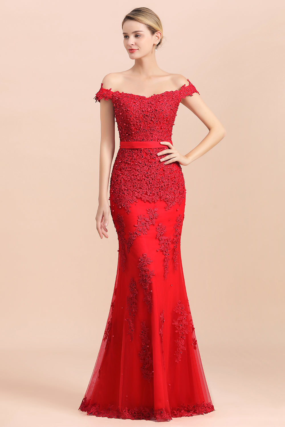 Elegant Mermaid Off the Shoulder Red Lace Appliques Bridesmaid dresses-27dress
