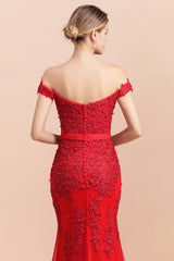 Elegant Mermaid Off the Shoulder Red Lace Appliques Bridesmaid dresses-27dress