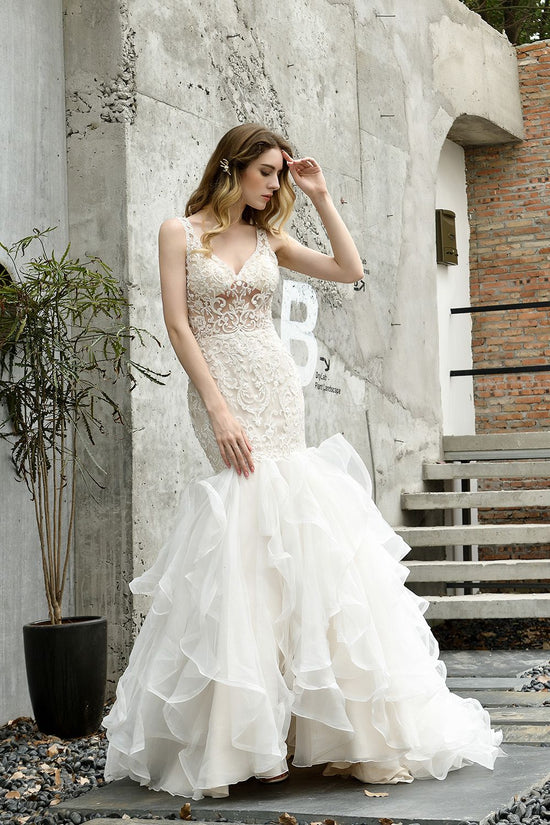 Elegant Mermaid Tulle Lace White Wedding Dresses with Appliques-27dress