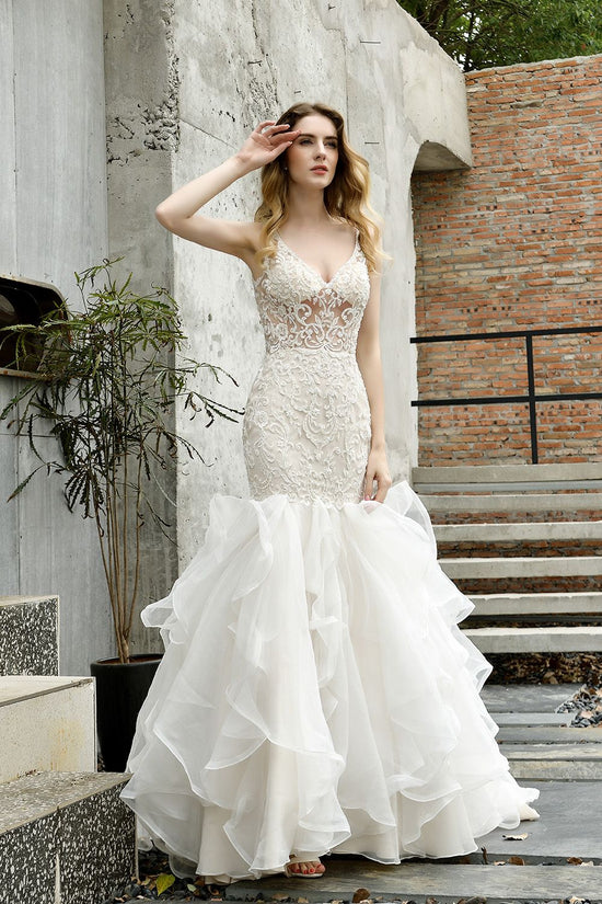 Elegant Mermaid Tulle Lace White Wedding Dresses with Appliques-27dress