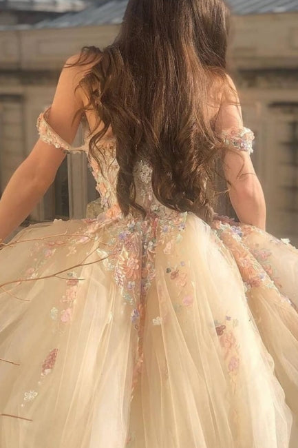Elegant Off-the-Shoulder Ball Gown V-neck Long Wedding Dress With Flowers-27dress
