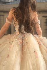 Elegant Off-the-Shoulder Ball Gown V-neck Long Wedding Dress With Flowers-27dress