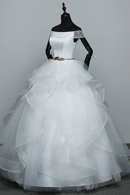Elegant Off-the-Shoulder Organza Wedding Dress Sleeveless Ruffles Bridal Gowns with Beading Sash-27dress
