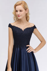 Elegant Off-the-Shoulder Ruffle Navy Lace Bridesmaid Dresses with Beads-27dress