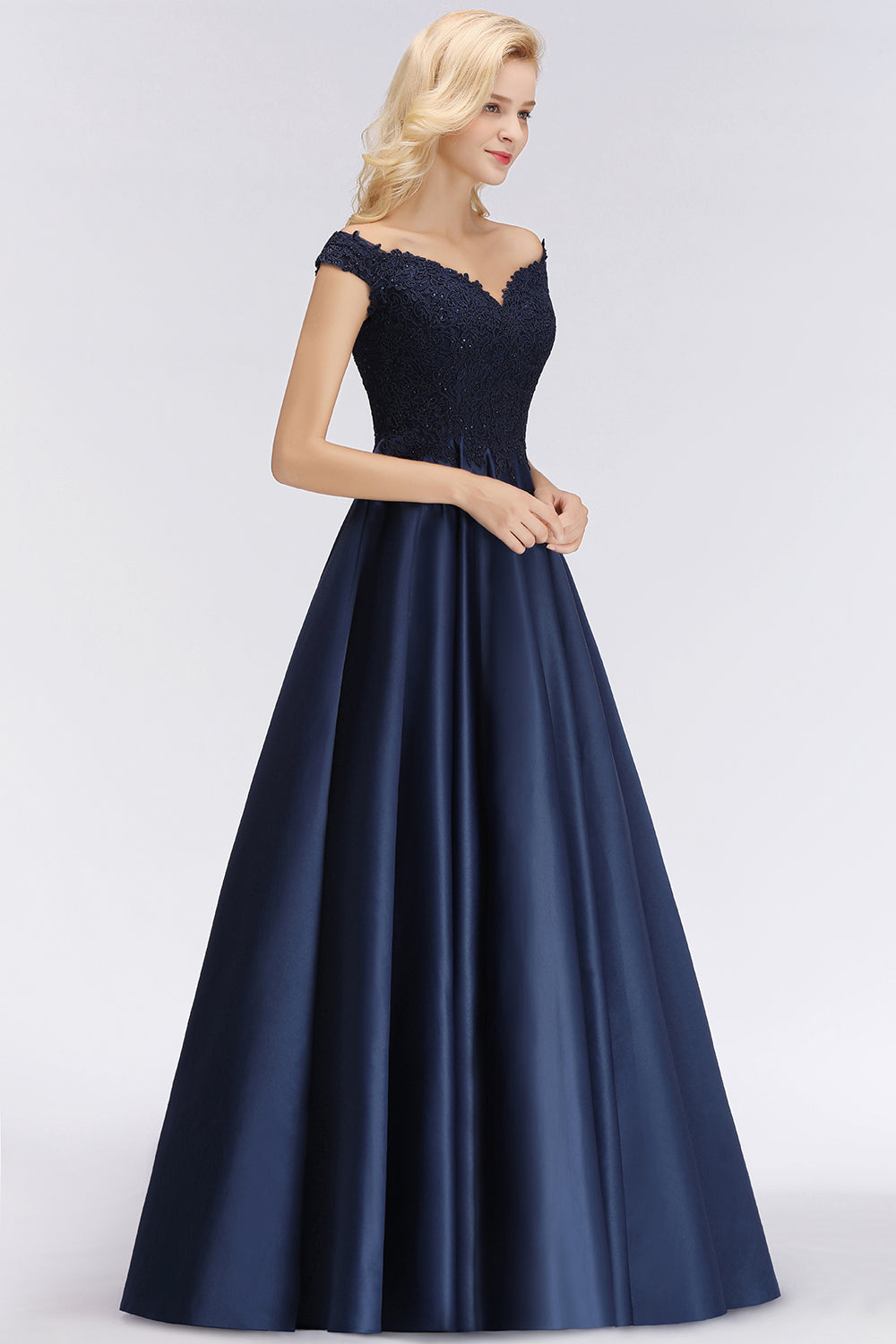 Elegant Off-the-Shoulder Ruffle Navy Lace Bridesmaid Dresses with Beads-27dress