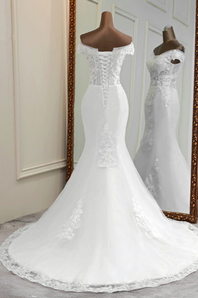 Elegant Off-the-Shoulder Sleeveless White Mermaid Wedding Dresses with Beadings-27dress