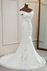 Elegant Off-the-Shoulder Sleeveless White Mermaid Wedding Dresses with Beadings-27dress