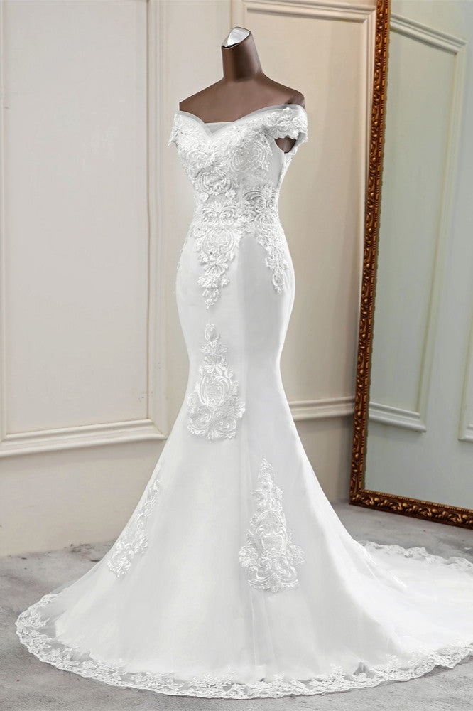 Elegant Off-the-Shoulder Sleeveless White Mermaid Wedding Dresses with Beadings-27dress