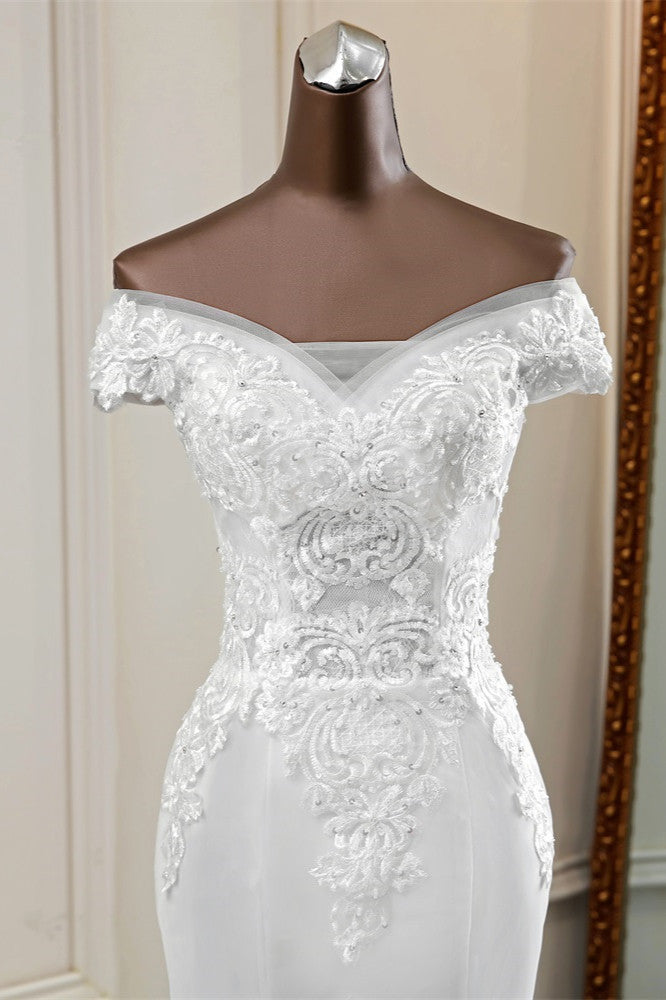 Elegant Off-the-Shoulder Sleeveless White Mermaid Wedding Dresses with Beadings-27dress