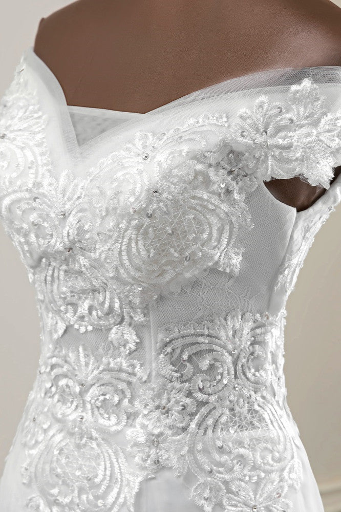 Elegant Off-the-Shoulder Sleeveless White Mermaid Wedding Dresses with Beadings-27dress