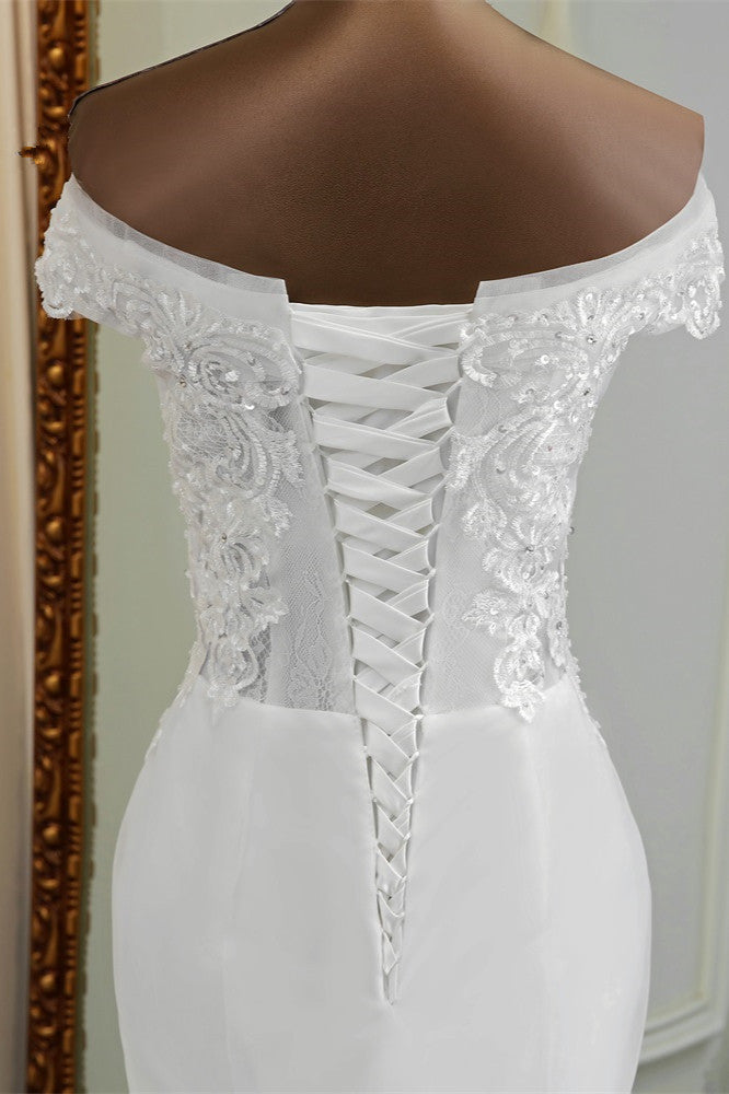 Elegant Off-the-Shoulder Sleeveless White Mermaid Wedding Dresses with Beadings-27dress
