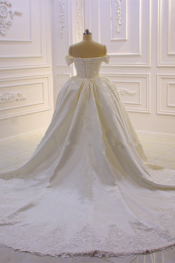 Elegant Off-the-Shoulder Tulle Wedding Dress Sweetheart Lace Appliques Bridal Gowns with Overskirt On Sale-27dress