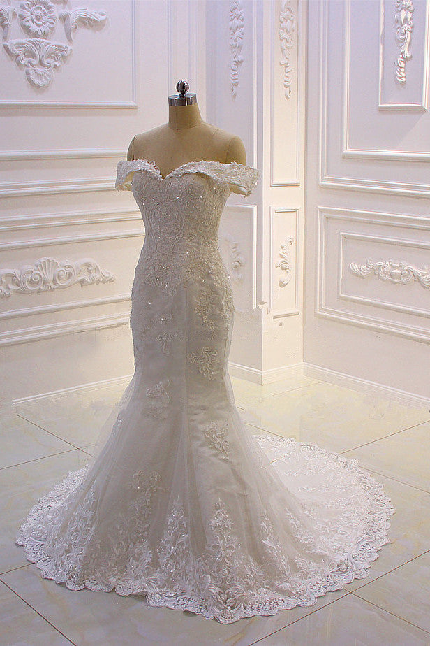Elegant Off-the-Shoulder Tulle Wedding Dress Sweetheart Lace Appliques Bridal Gowns with Overskirt On Sale-27dress