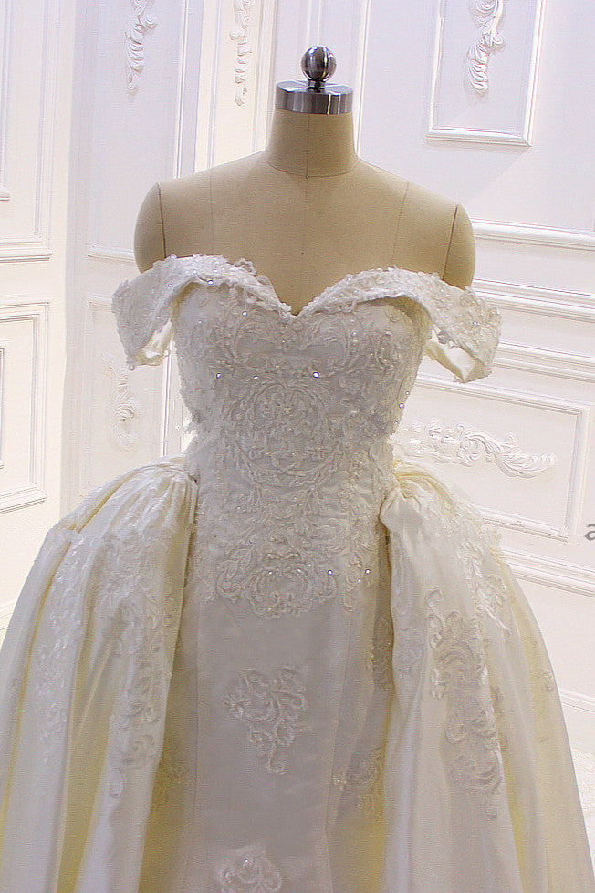 Elegant Off-the-Shoulder Tulle Wedding Dress Sweetheart Lace Appliques Bridal Gowns with Overskirt On Sale-27dress