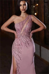 Elegant One Shoulder Sleeveless Appliques Prom Dress Mermaid With Split