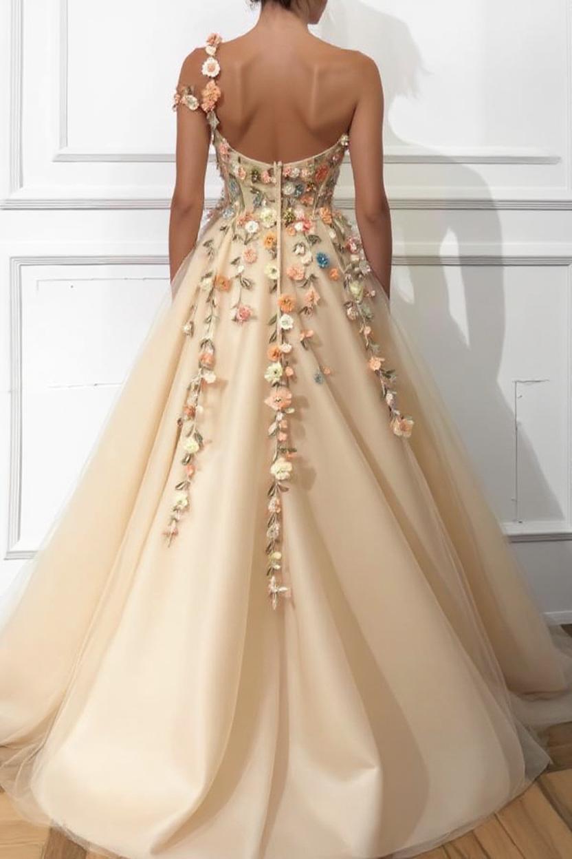 Elegant One Shoulder Tulle A-line Long Formal Dress with Slit-27dress