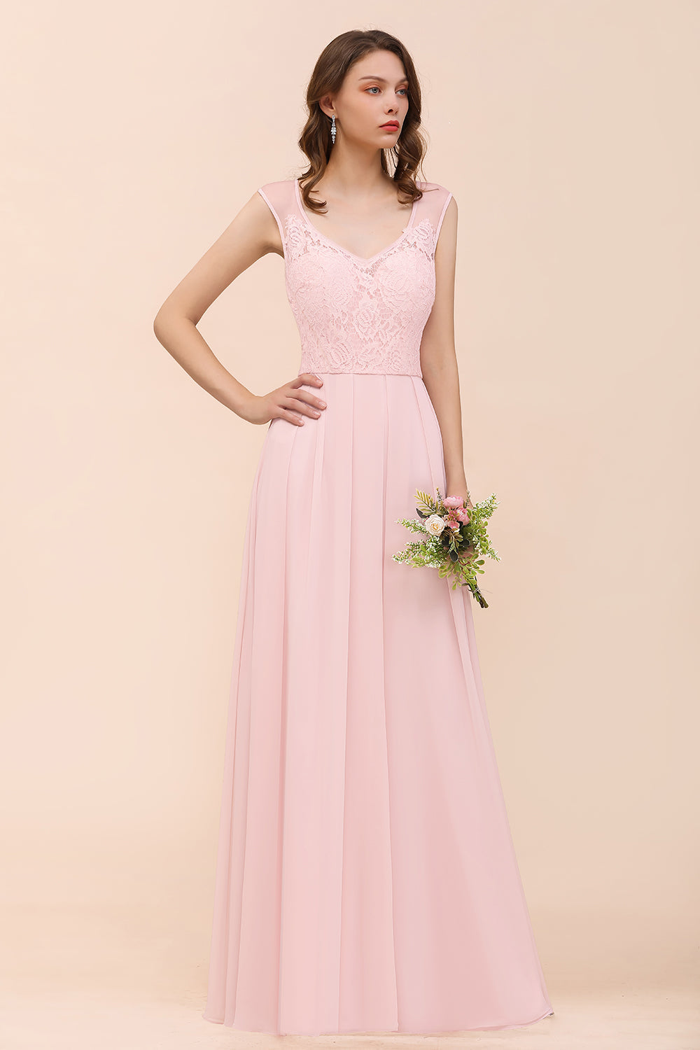 Load image into Gallery viewer, Elegant Pink Lace Straps Ruffle Affordable Bridesmaid Dress-27dress
