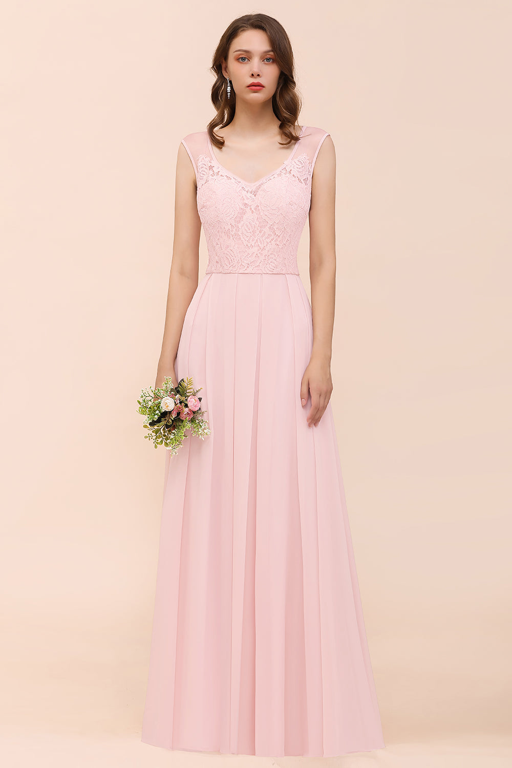 Load image into Gallery viewer, Elegant Pink Lace Straps Ruffle Affordable Bridesmaid Dress-27dress
