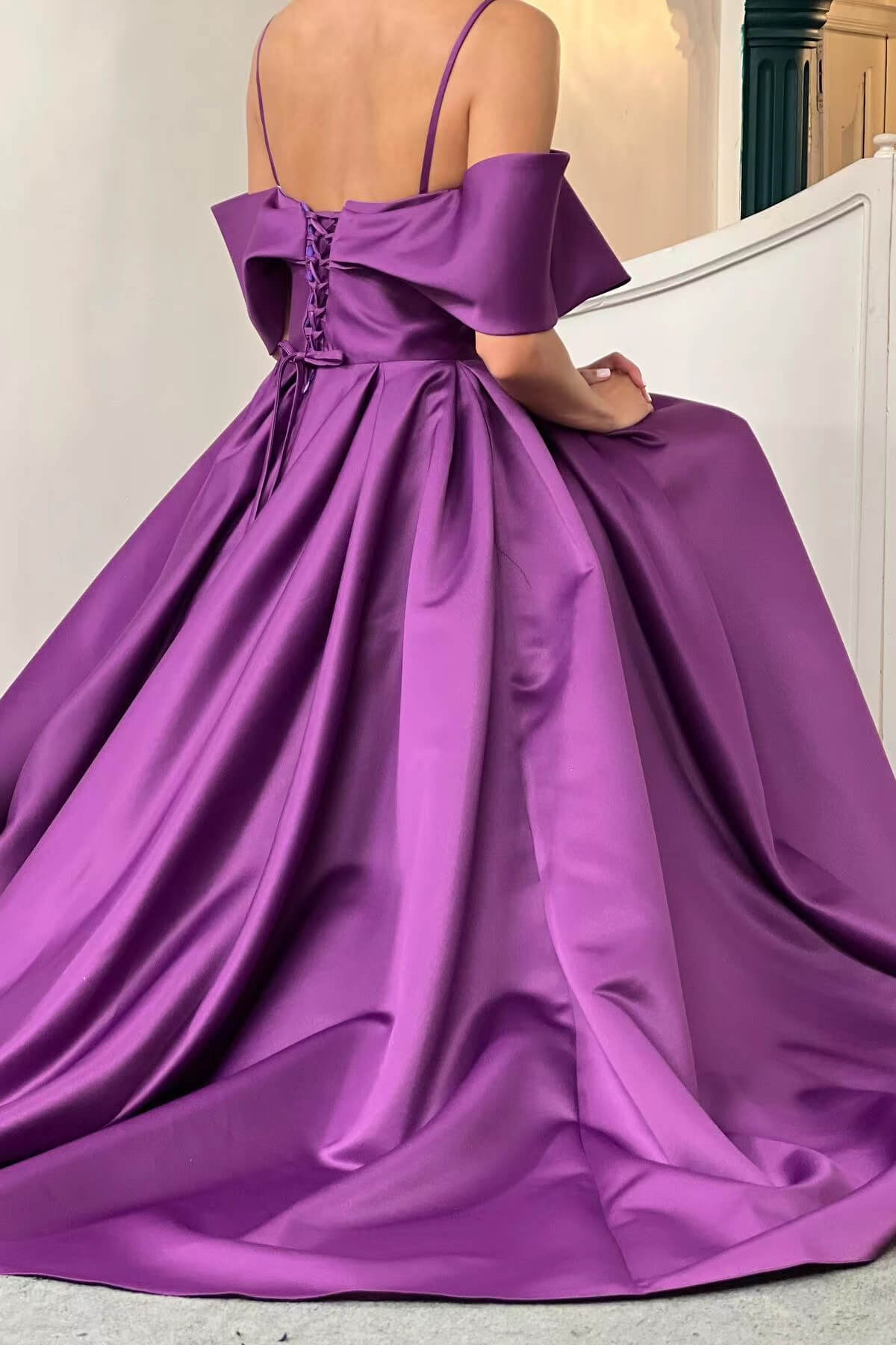 Elegant Purple Spaghetti Strap Off the Shoulder Prom Dress  A Line With Pockets