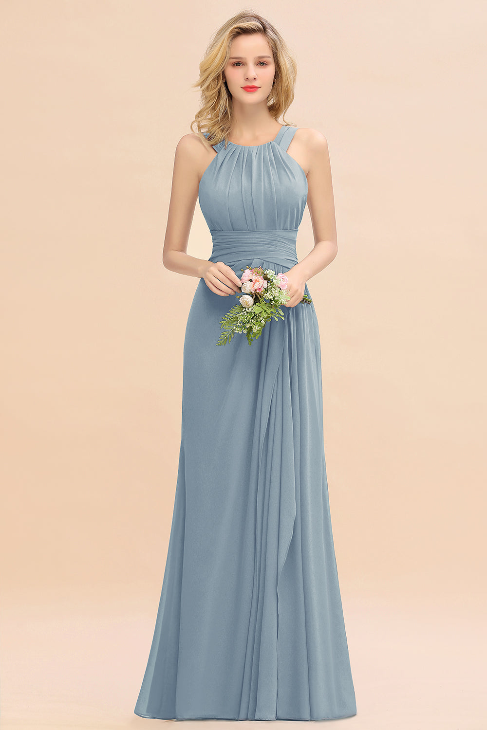 Elegant Round Neck Sleeveless Bridesmaid Dress with Ruffles-27dress