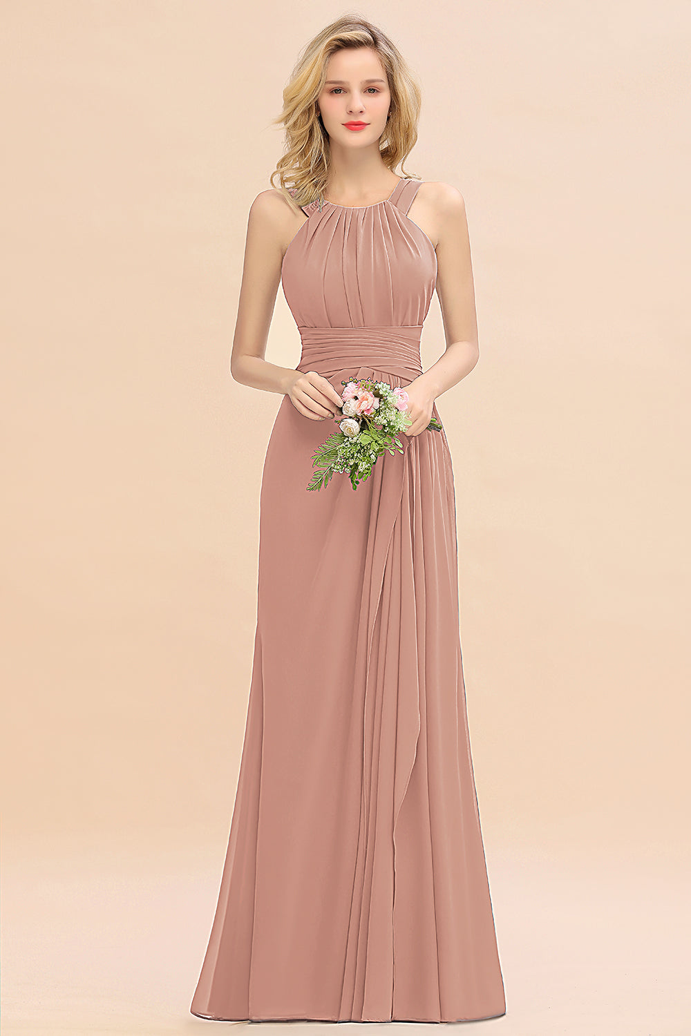 Elegant Round Neck Sleeveless Bridesmaid Dress with Ruffles-27dress