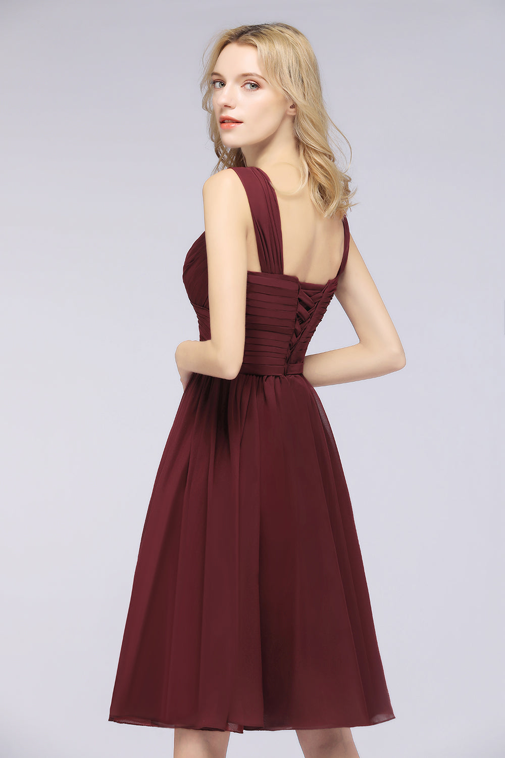 Elegant Ruffle Straps Short Burgundy Bridesmaid Dresses Online-27dress
