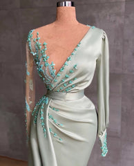 Elegant Sage Mermaid Appliques Evening Dress With Long Sleeves