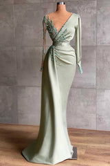 Elegant Sage Mermaid Appliques Evening Dress With Long Sleeves