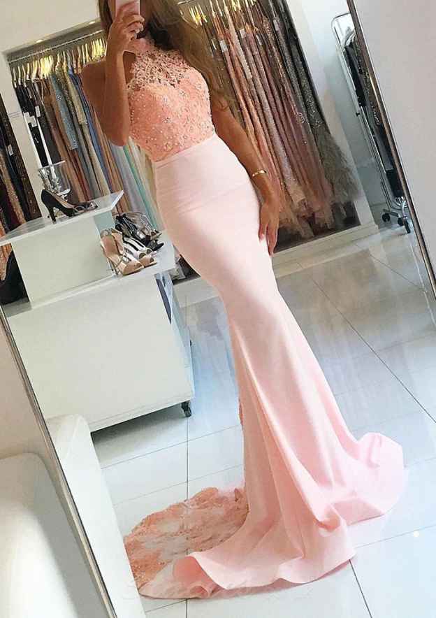 Load image into Gallery viewer, Elegant Satin Court Train Prom Dress with Halter Beaded Covered Button and Trumpet/Mermaid Sleeves-27dress
