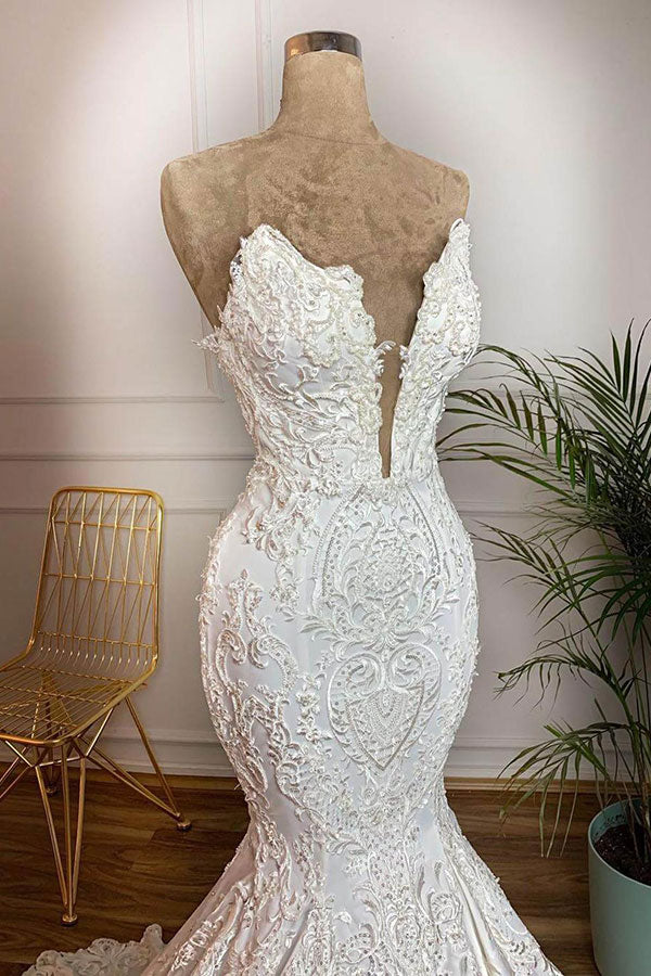Elegant Satin Sweetheart Mermaid Wedding Dresses White Lace Bridal Gowns With Appliques Online-27dress