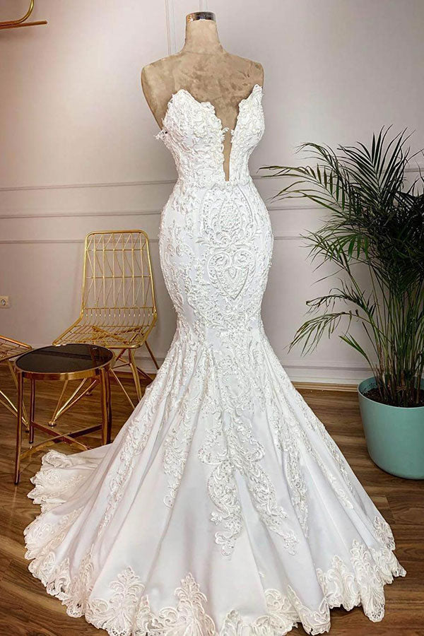Elegant Satin Sweetheart Mermaid Wedding Dresses White Lace Bridal Gowns With Appliques Online-27dress