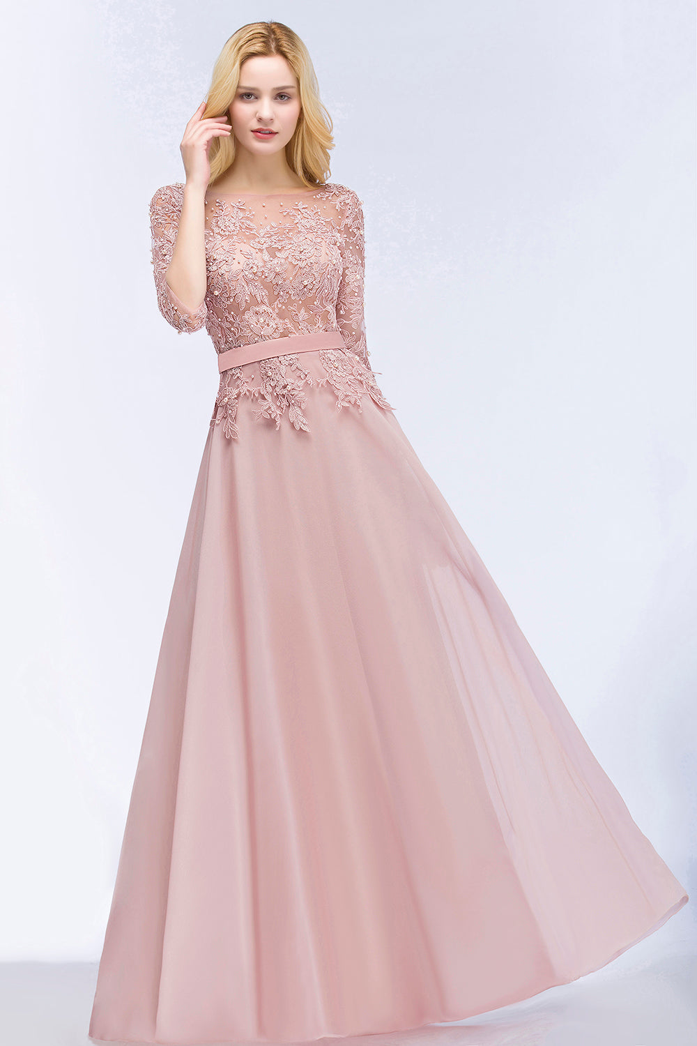 Elegant Scoop Half-Sleeves Lace Dusty Rose Bridesmaid Dress With Pearl 27dress Elegant Scoop Half-Sleeves Lace Dusty Rose Bridesmaid Dress With Pearl 27dress