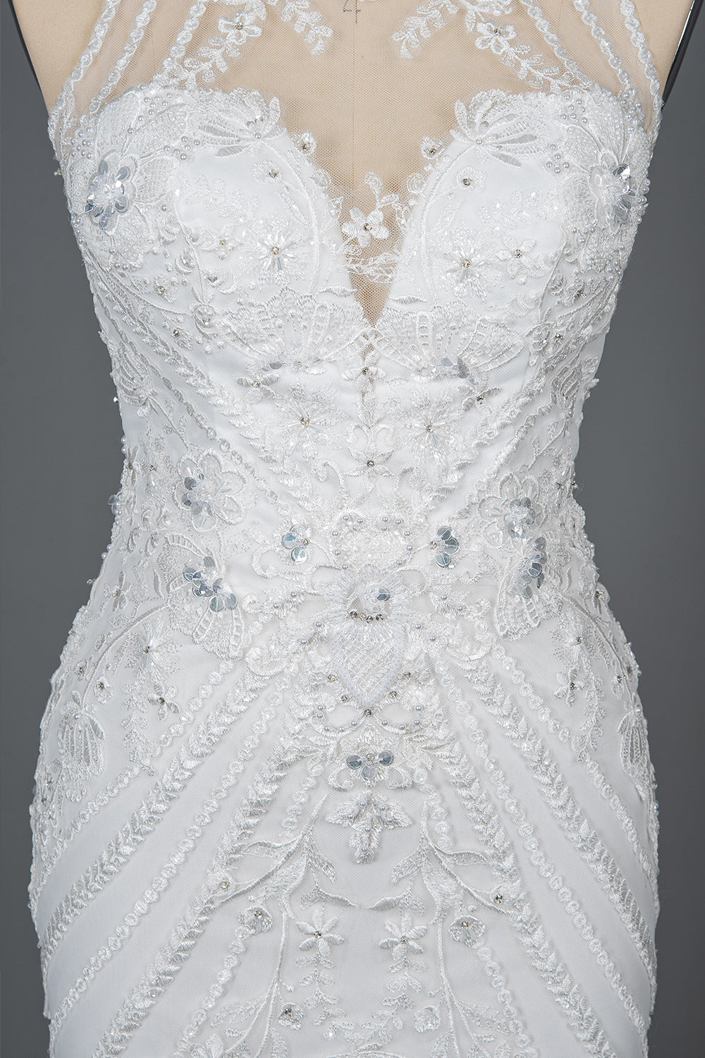 Elegant Scoop Mermaid Lace Wedding Dress Zipper Button Back-27dress