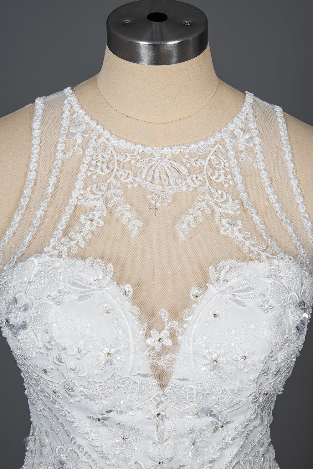 Elegant Scoop Mermaid Lace Wedding Dress Zipper Button Back-27dress