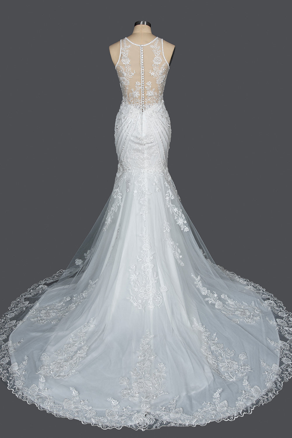 Elegant Scoop Mermaid Lace Wedding Dress Zipper Button Back-27dress