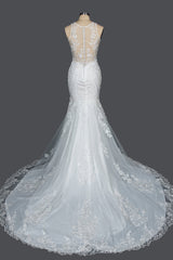 Elegant Scoop Mermaid Lace Wedding Dress Zipper Button Back-27dress