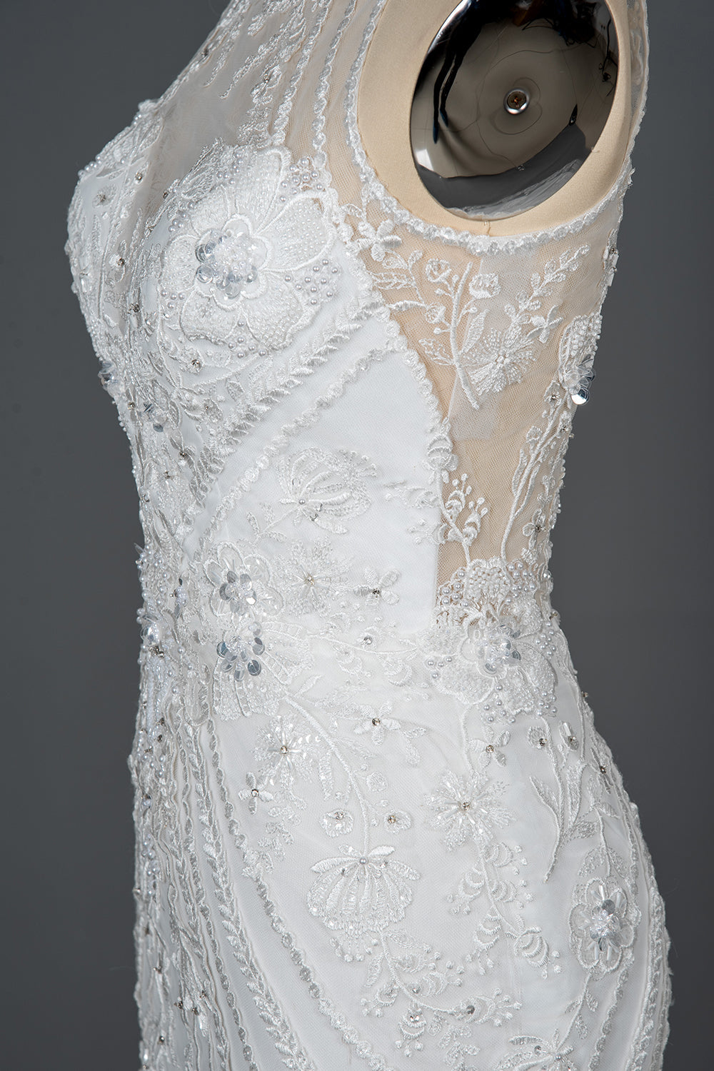 Elegant Scoop Mermaid Lace Wedding Dress Zipper Button Back-27dress