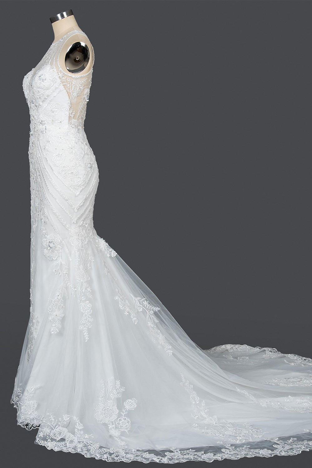 Elegant Scoop Mermaid Lace Wedding Dress Zipper Button Back-27dress