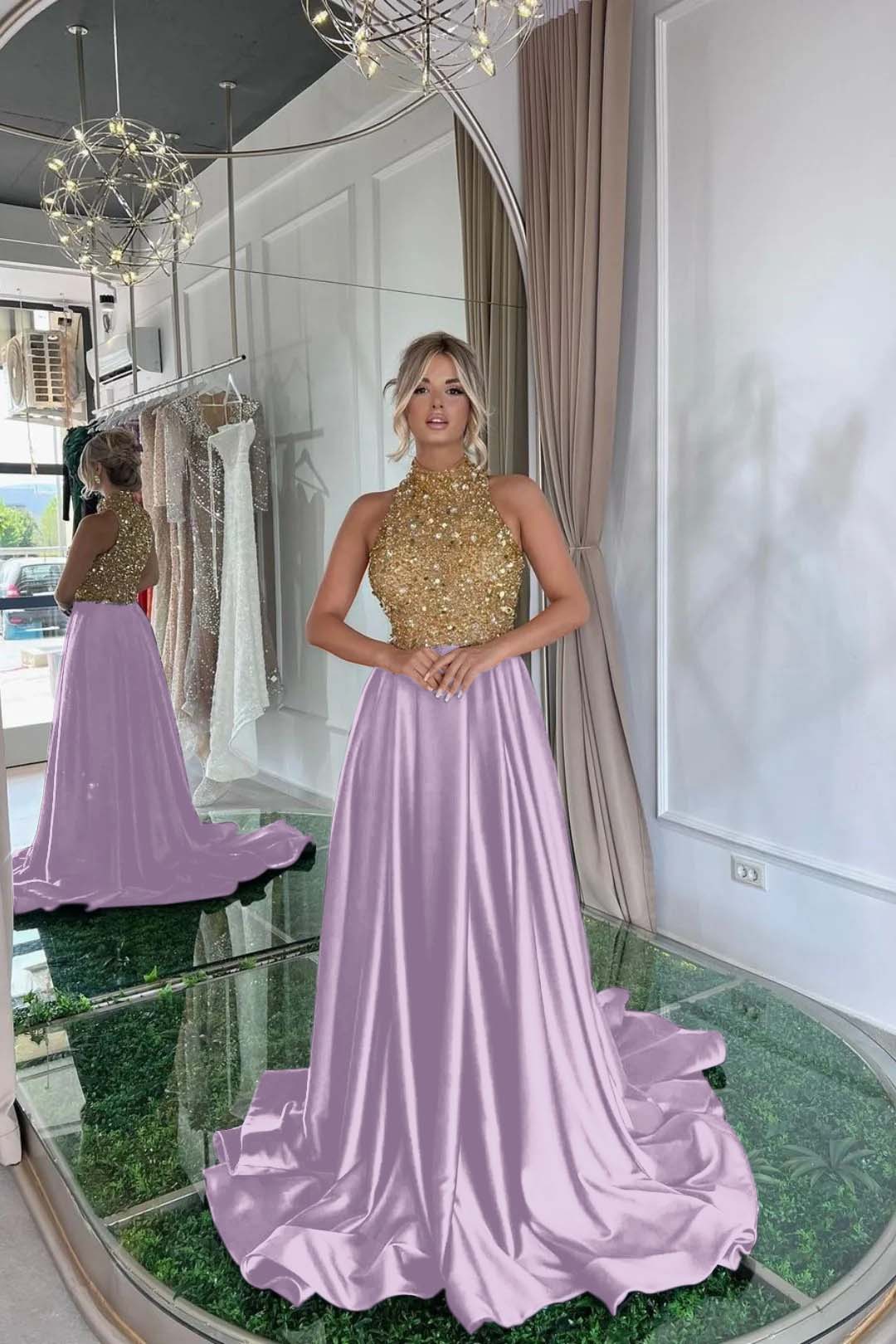 Elegant Sequins Prom Dress Gold Black Long Sleeveless Halter
