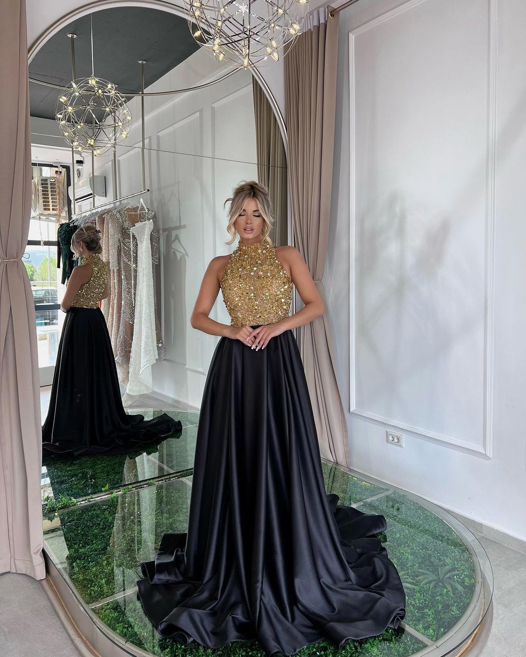Elegant Sequins Prom Dress Gold Black Long Sleeveless Halter