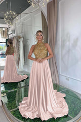 Elegant Sequins Prom Dress Gold Black Long Sleeveless Halter
