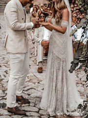 Elegant Sheath/Column Sweetheart Lace Sweep Train Wedding Dress