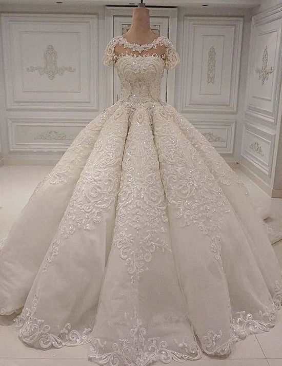 Elegant Shortsleeves Jewel A-line Wedding Dresses White Tulle Ruffles Bridal Gowns With Appliques Online-27dress