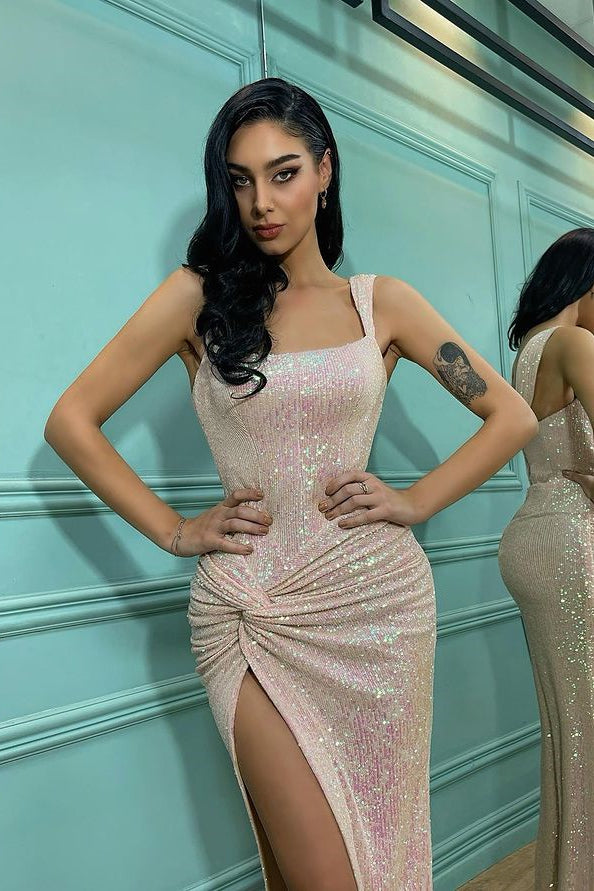 Elegant Shoulder Straps Mermaid Prom Dress Sequins With Split